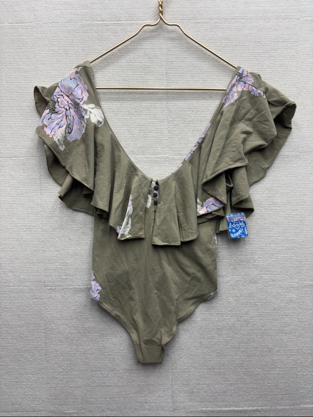 New Free People | small Olive Green Ruffle One-Piece with Floral Accents